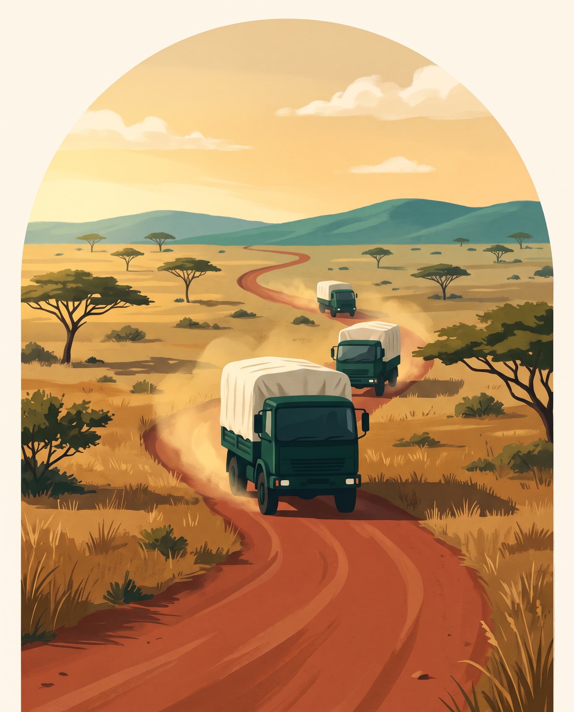 Illustration : un convoi humanitaire de camions verts traverse la savane sur une piste de terre rouge