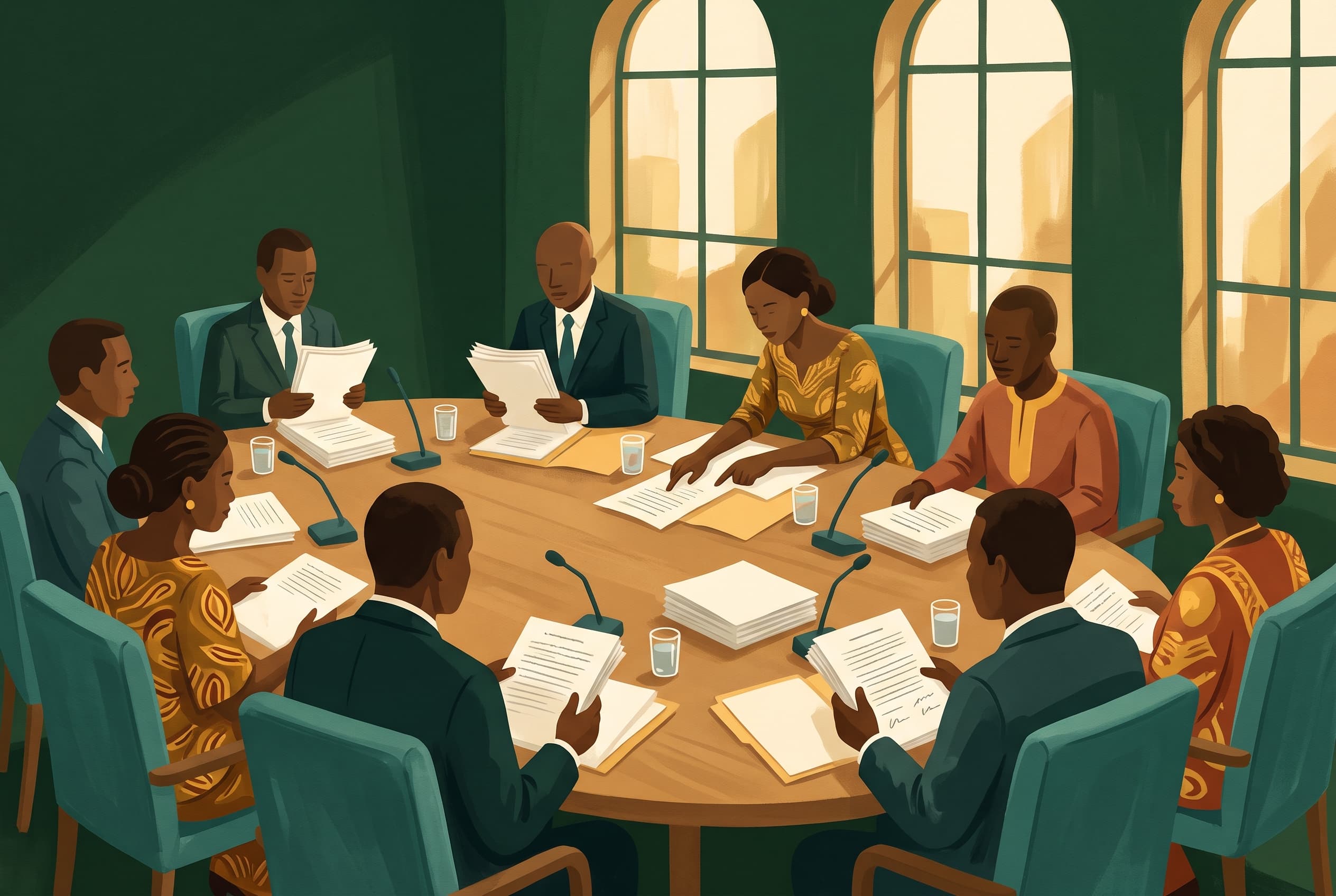 Illustration : une délégation africaine étudie des documents autour d’une table de négociation